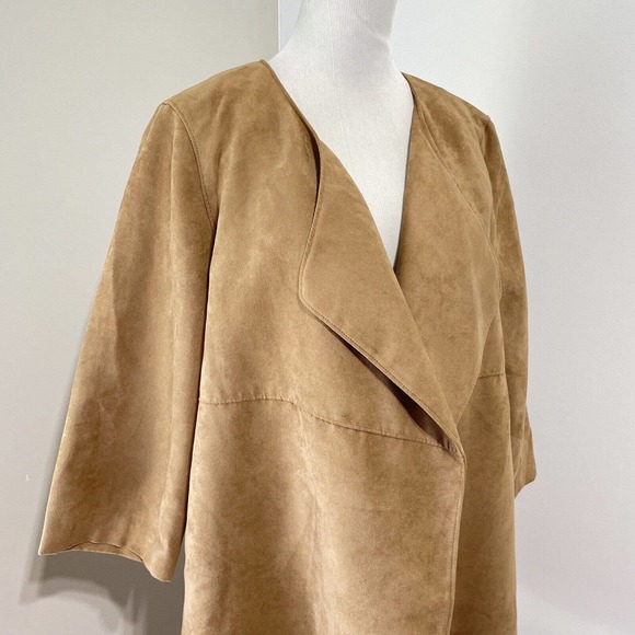 H&M Size 6 Faux Suede Jacket Draped Camel 3/4 Slv Overcoat Lined Workwear Womens - Picture 3 of 9